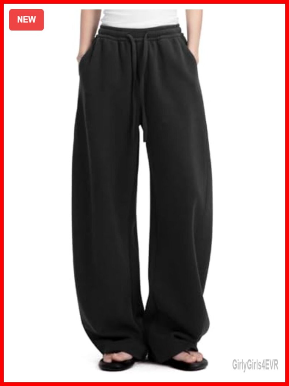 Fleece Lined Barrel Sweatpants Wide Leg Mid Rise Drawstring Pockets